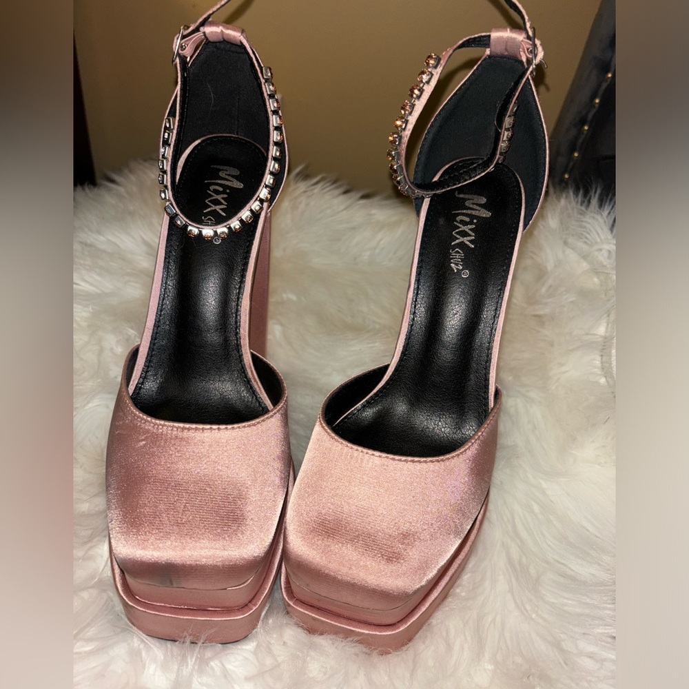 Chunky Heels Square Silk Satin High Platform Pumps